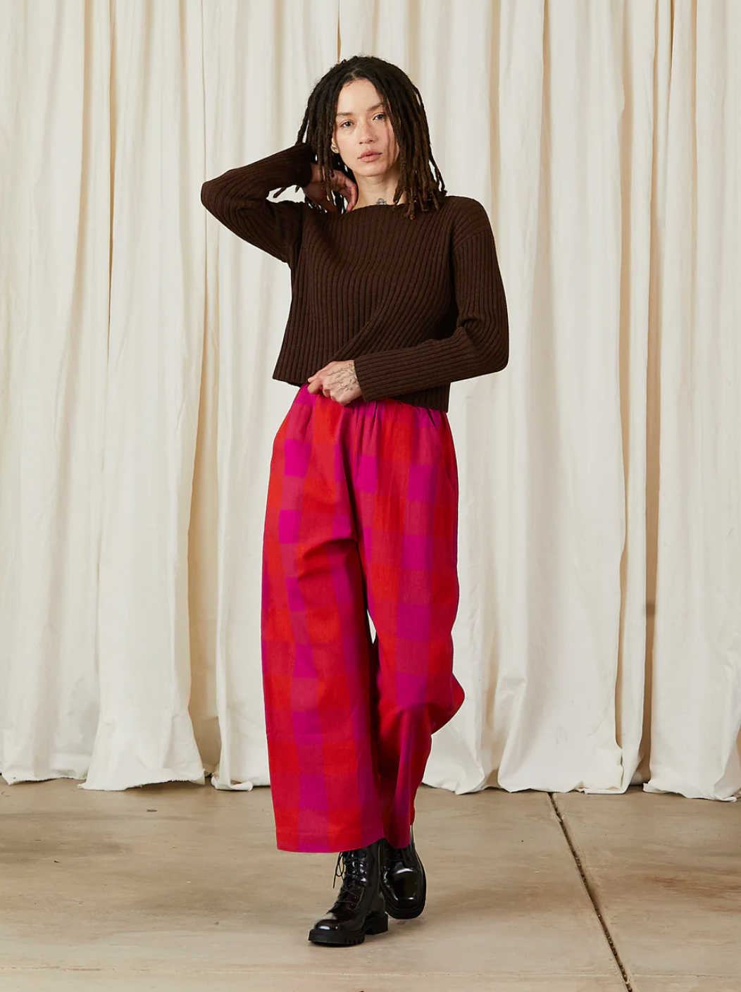 Plaid Elastic Pant in Poppy and Pink